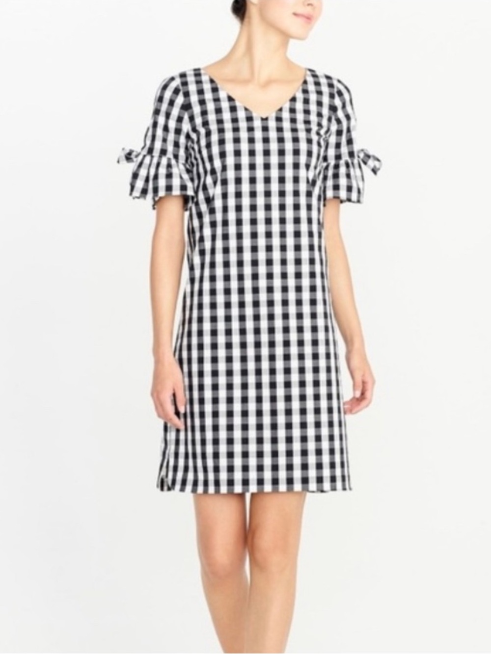 J. Crew Black and White Gingham V-Neck Shift Dress with Tie Sleeves